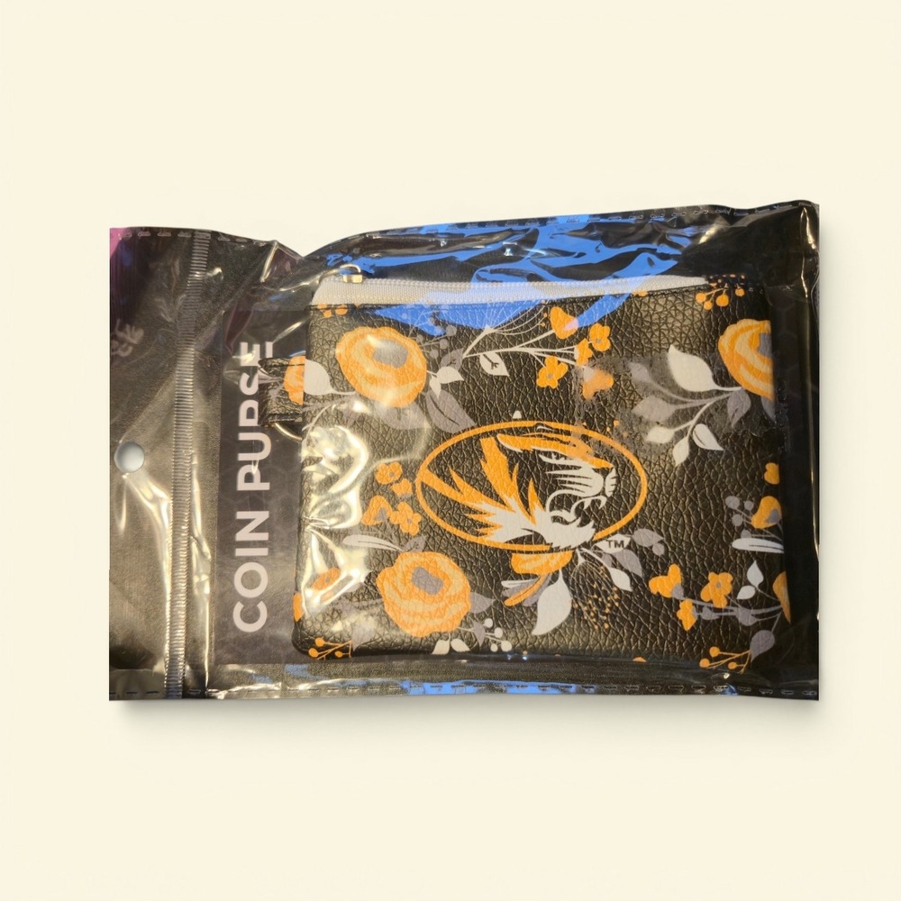 NWT Missouri Tigers NCAA Floral Coin Purse Black Gold Mizzou Pouch New